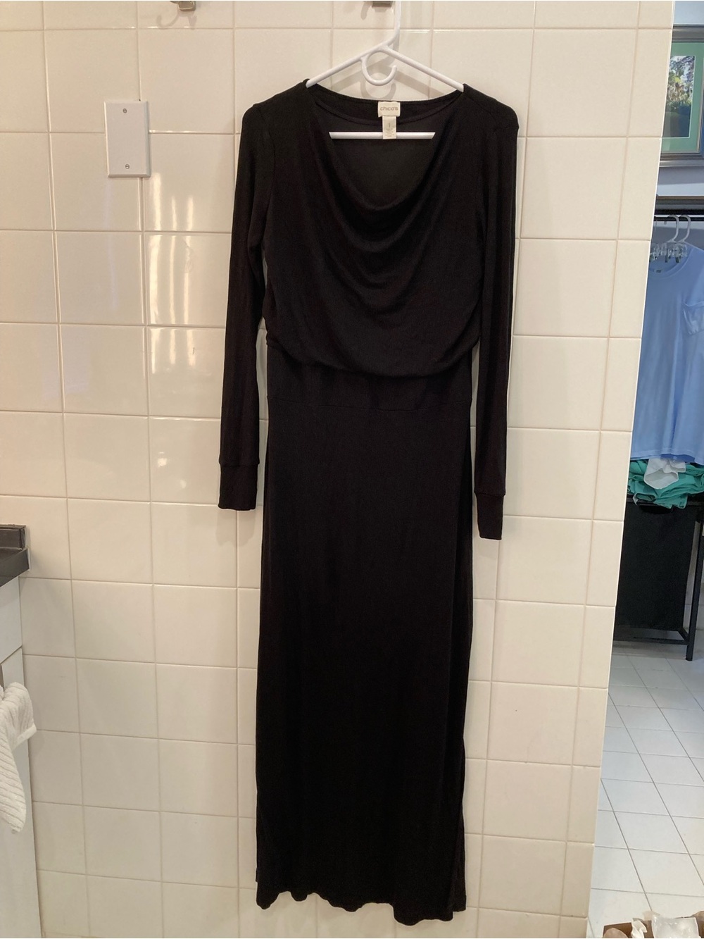 Chico's Black Draped Cowl Neck Long Sleeve Maxi Dress